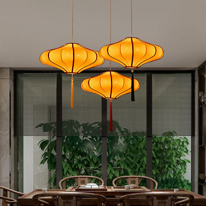 Traditional Chinese Lantern Shape Fabric Lampshade Hardware 1/3 - Light Chandelier For Dining Room
