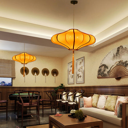 Traditional Chinese Lantern Shape Fabric Lampshade Hardware 1/3 - Light Chandelier For Dining Room