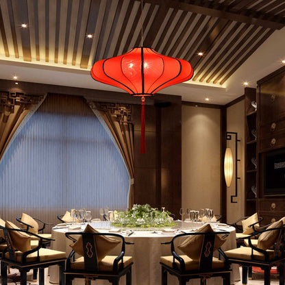 Traditional Chinese Lantern Shape Fabric Lampshade Hardware 1/3 - Light Chandelier For Dining Room
