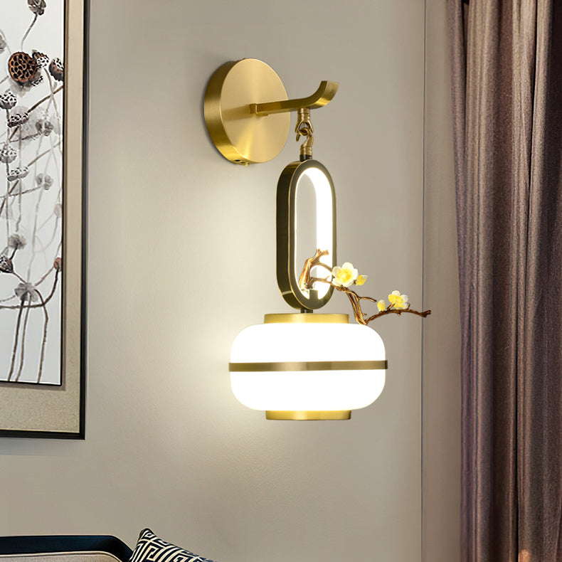 Chinese Branch Flowers Copper Glass LED Wall Sconce Lamp