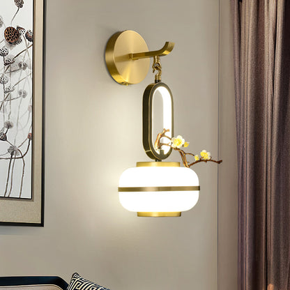 Chinese Branch Flowers Copper Glass LED Wall Sconce Lamp