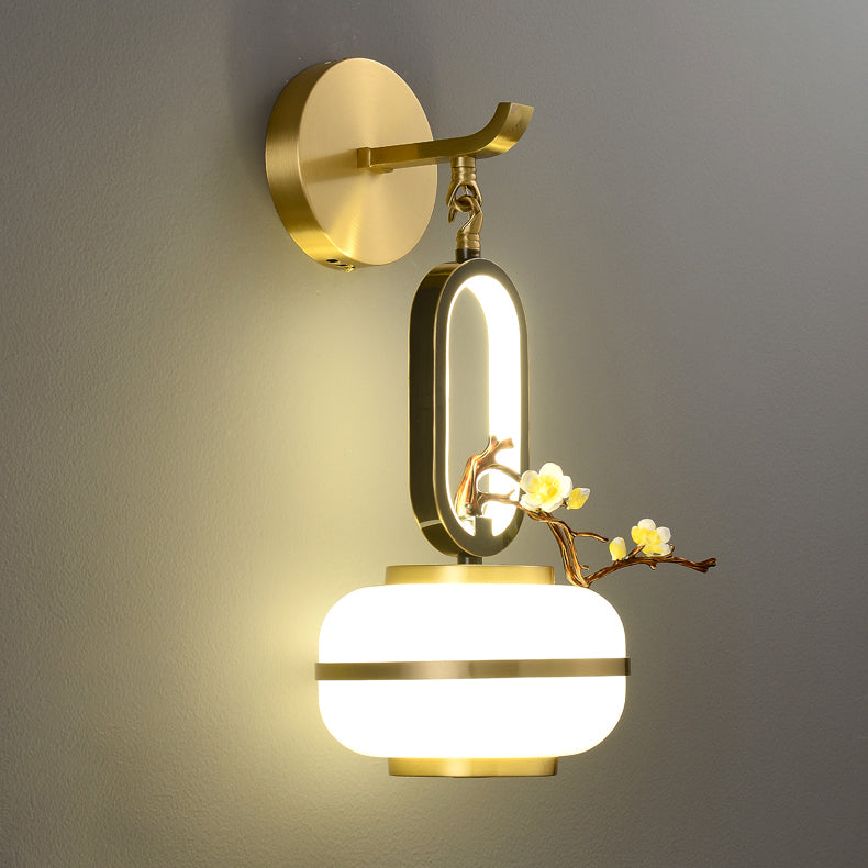 Chinese Branch Flowers Copper Glass LED Wall Sconce Lamp