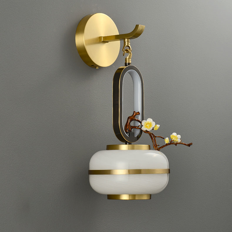 Chinese Branch Flowers Copper Glass LED Wall Sconce Lamp