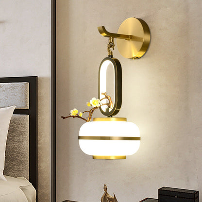 Chinese Branch Flowers Copper Glass LED Wall Sconce Lamp