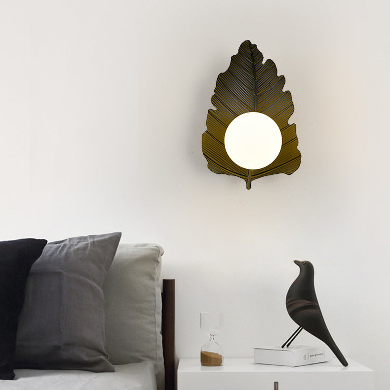 Iron Leaf Glass Orb Lampshade 1 - Light Wall Sconce Lamp