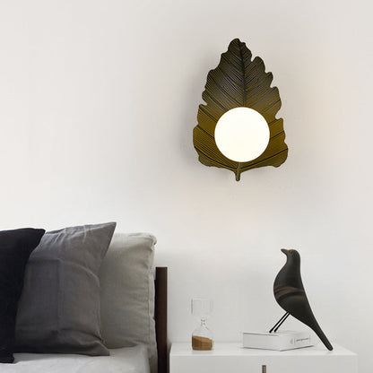 Iron Leaf Glass Orb Lampshade 1 - Light Wall Sconce Lamp