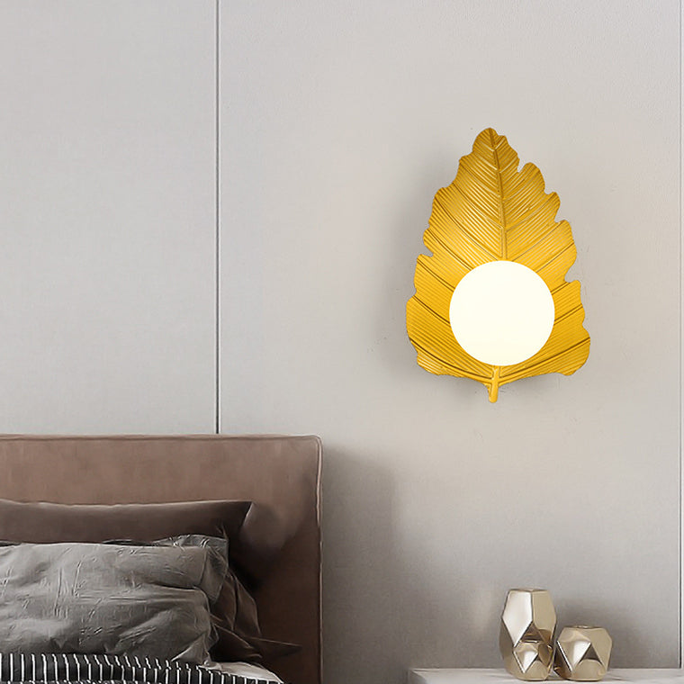 Iron Leaf Glass Orb Lampshade 1 - Light Wall Sconce Lamp