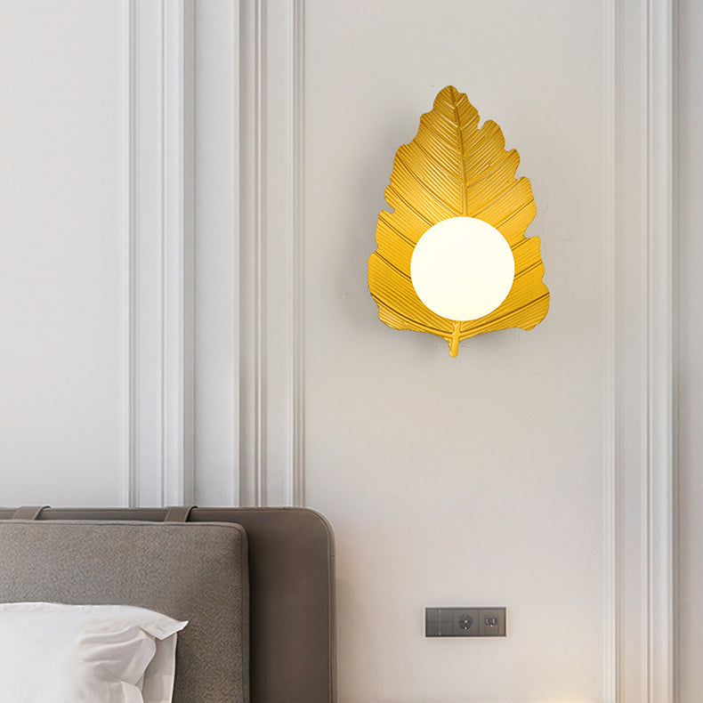 Iron Leaf Glass Orb Lampshade 1 - Light Wall Sconce Lamp