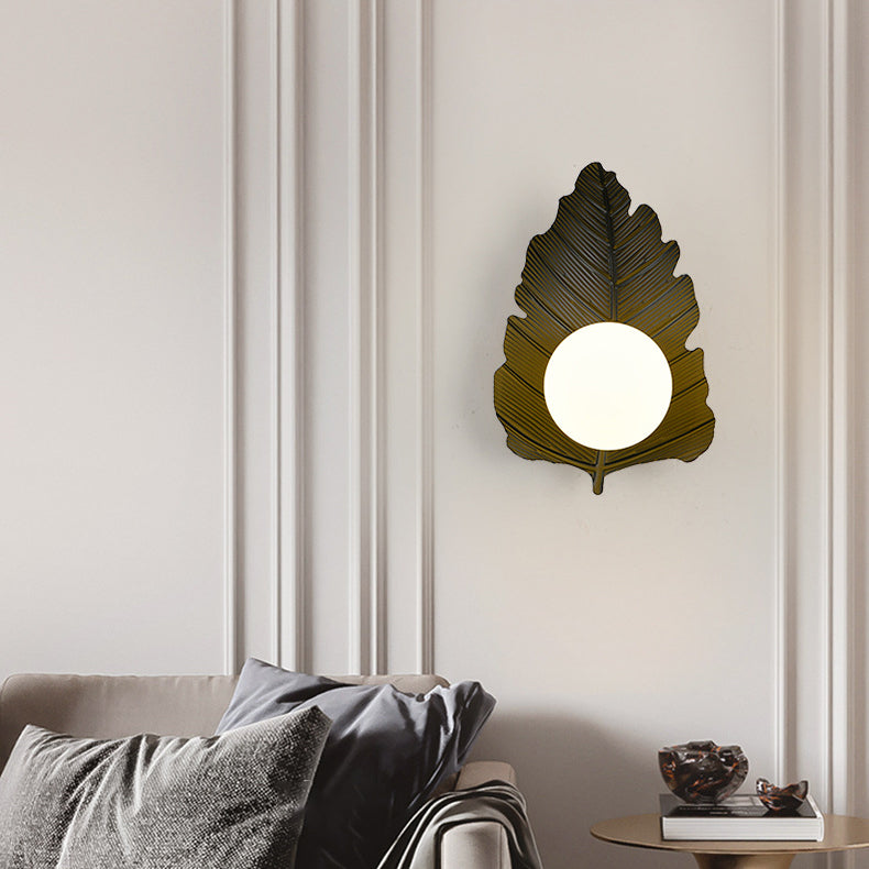 Iron Leaf Glass Orb Lampshade 1 - Light Wall Sconce Lamp