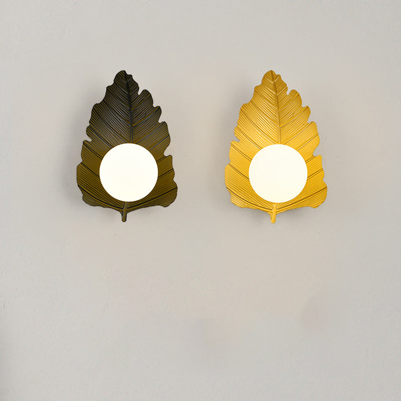Iron Leaf Glass Orb Lampshade 1 - Light Wall Sconce Lamp