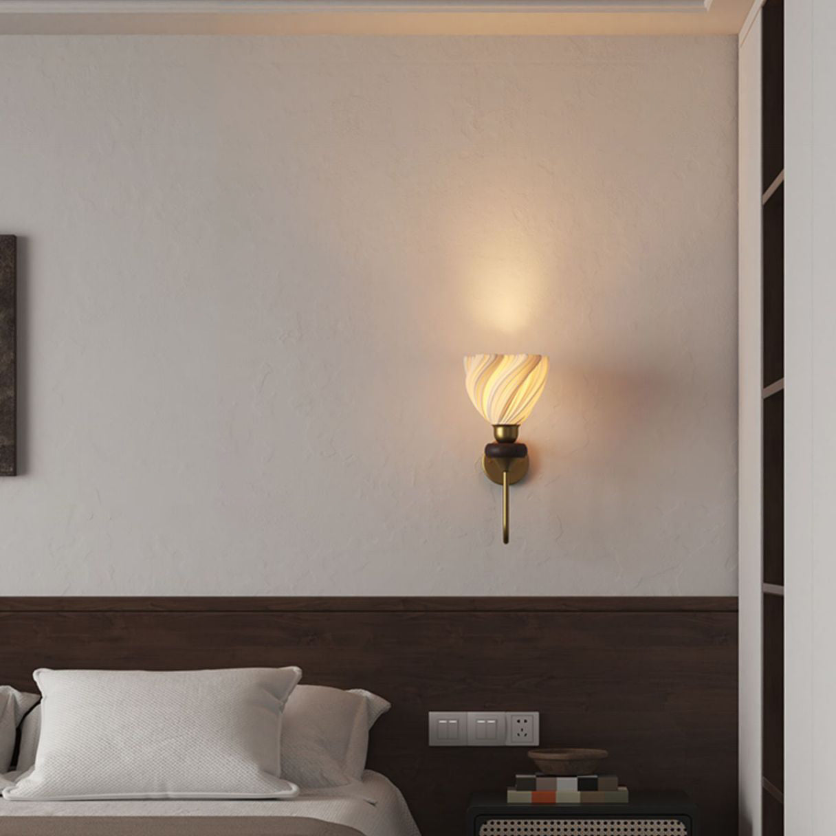 French Lampshade Iron Solid Wood 1 - Light Wall Sconce Lamp