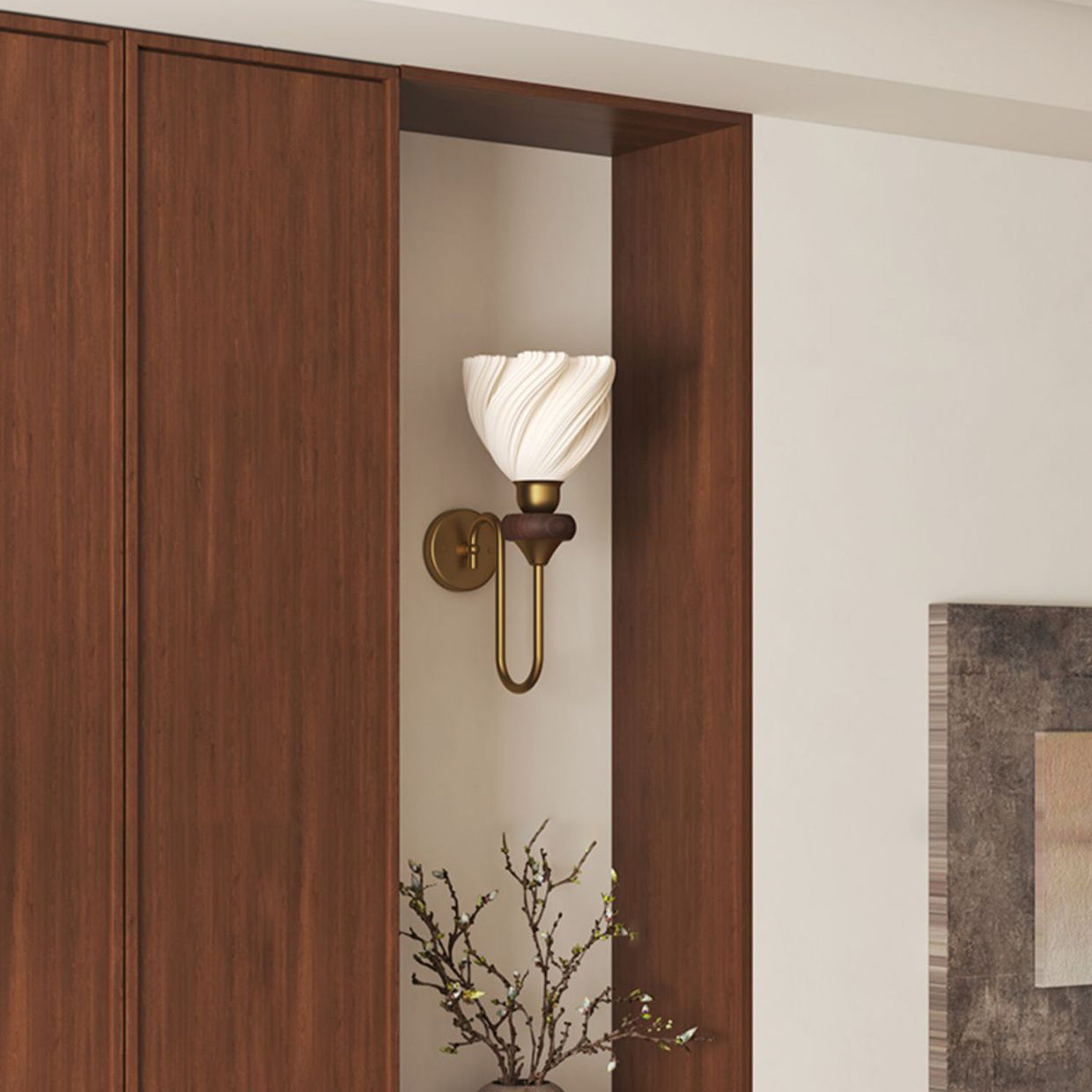 French Lampshade Iron Solid Wood 1 - Light Wall Sconce Lamp