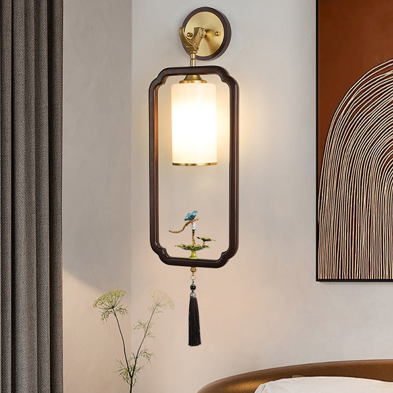 Chinese Glass Lampshade Walnut 1 - Light Wall Sconce Lamp