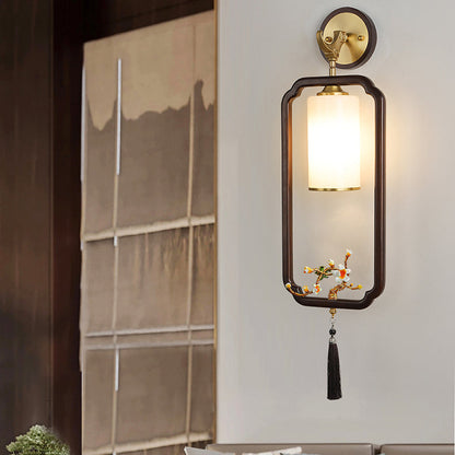 Chinese Glass Lampshade Walnut 1 - Light Wall Sconce Lamp