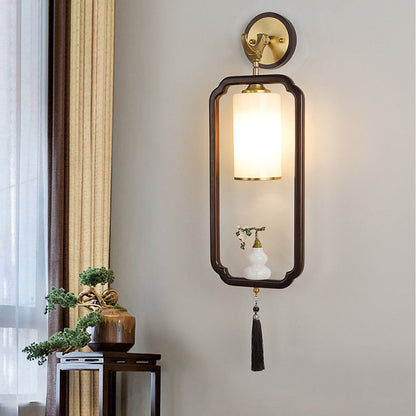 Chinese Glass Lampshade Walnut 1 - Light Wall Sconce Lamp