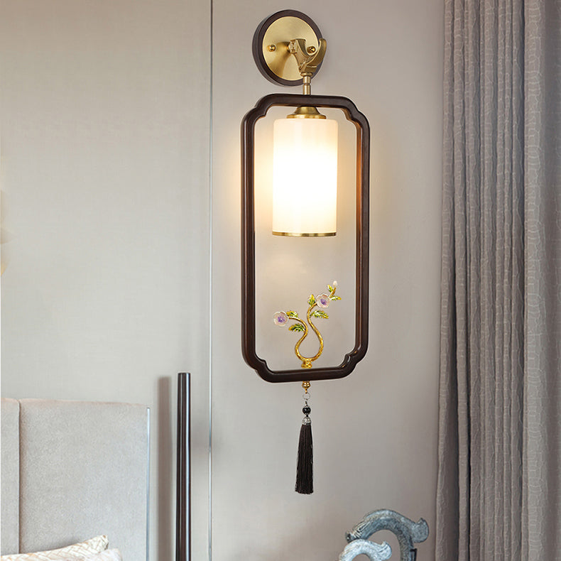 Chinese Glass Lampshade Walnut 1 - Light Wall Sconce Lamp