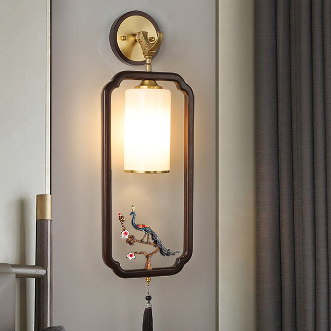 Chinese Glass Lampshade Walnut 1 - Light Wall Sconce Lamp