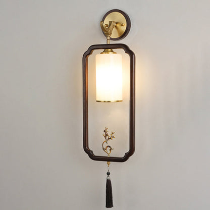 Chinese Glass Lampshade Walnut 1 - Light Wall Sconce Lamp