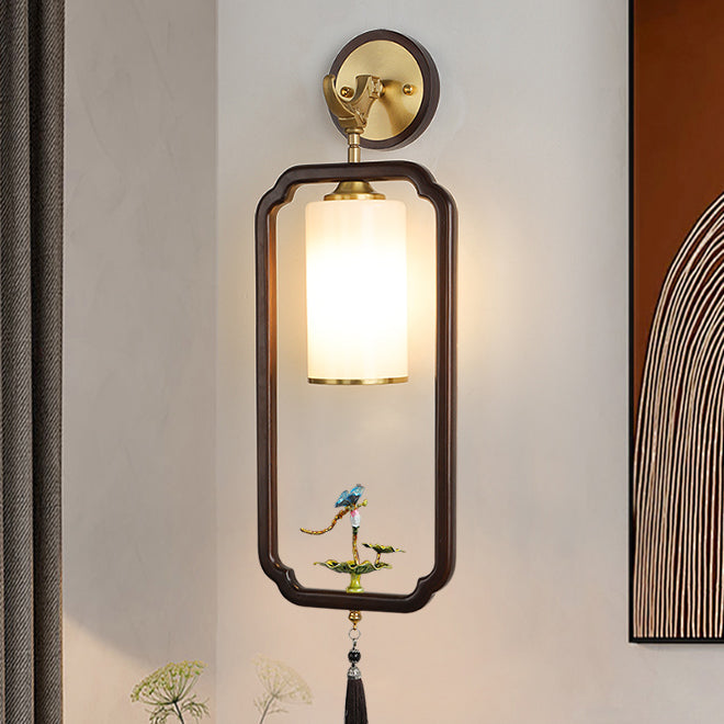 Chinese Glass Lampshade Walnut 1 - Light Wall Sconce Lamp