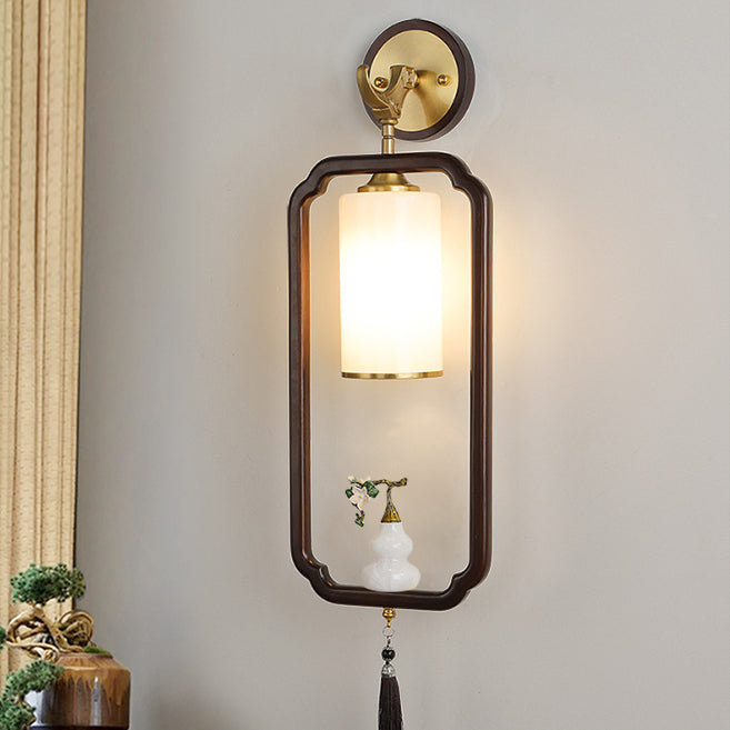 Chinese Glass Lampshade Walnut 1 - Light Wall Sconce Lamp