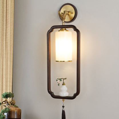Chinese Glass Lampshade Walnut 1 - Light Wall Sconce Lamp