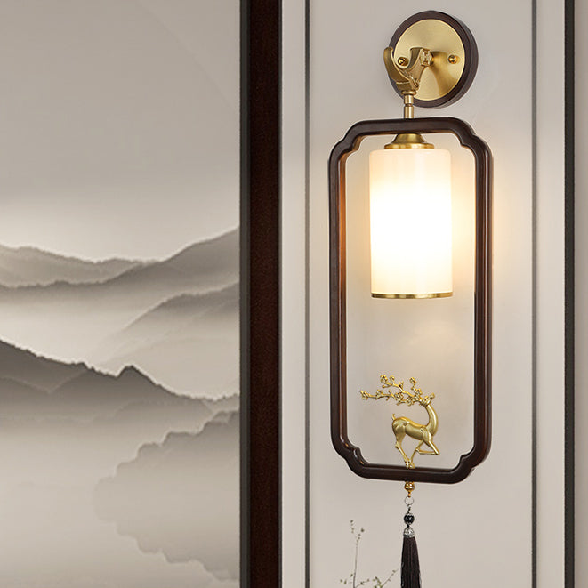 Chinese Glass Lampshade Walnut 1 - Light Wall Sconce Lamp
