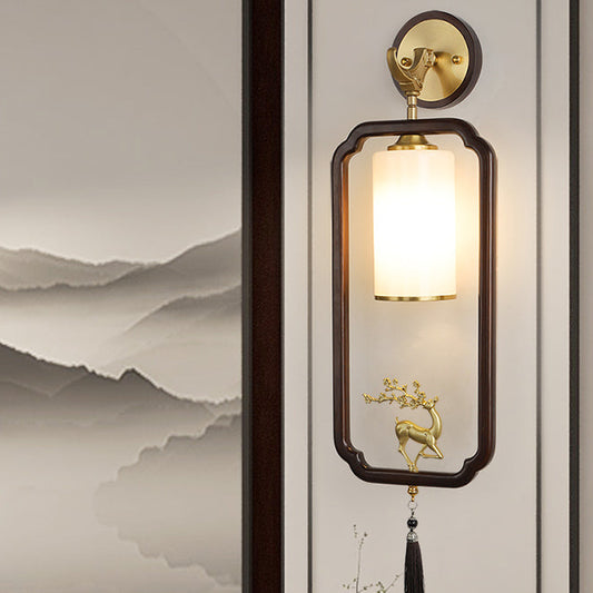 Chinese Glass Lampshade Walnut 1 - Light Wall Sconce Lamp