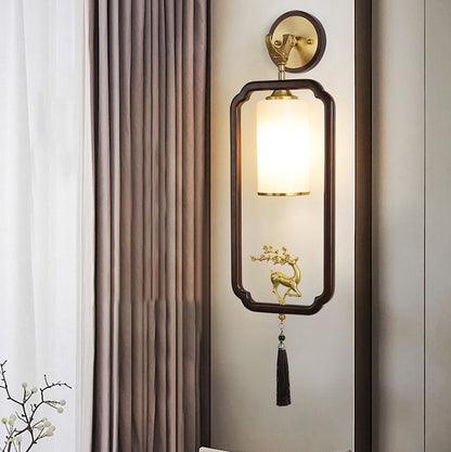 Chinese Glass Lampshade Walnut 1 - Light Wall Sconce Lamp