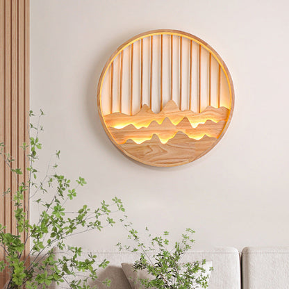 Chinese Mountains Rubber Wood LED Wall Sconce Lamp