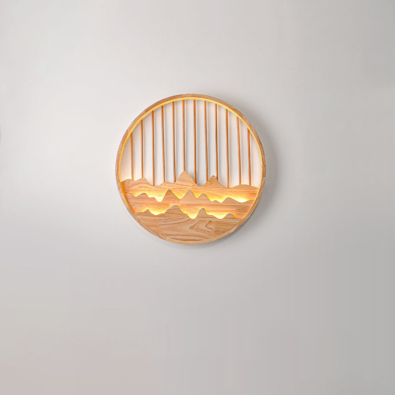 Chinese Mountains Rubber Wood LED Wall Sconce Lamp