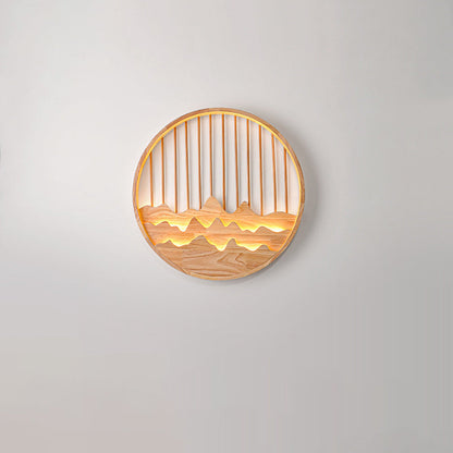 Chinese Mountains Rubber Wood LED Wall Sconce Lamp