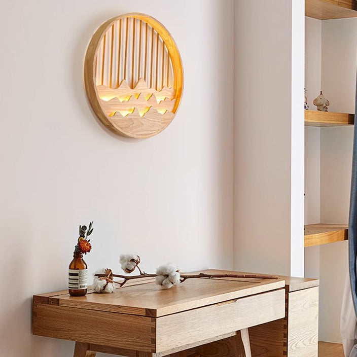 Chinese Mountains Rubber Wood LED Wall Sconce Lamp