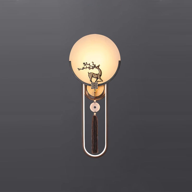Chinese Round Deer Marble Copper LED Wall Sconce Lamp