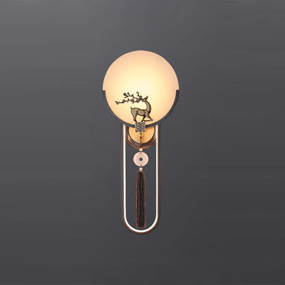 Chinese Round Deer Marble Copper LED Wall Sconce Lamp