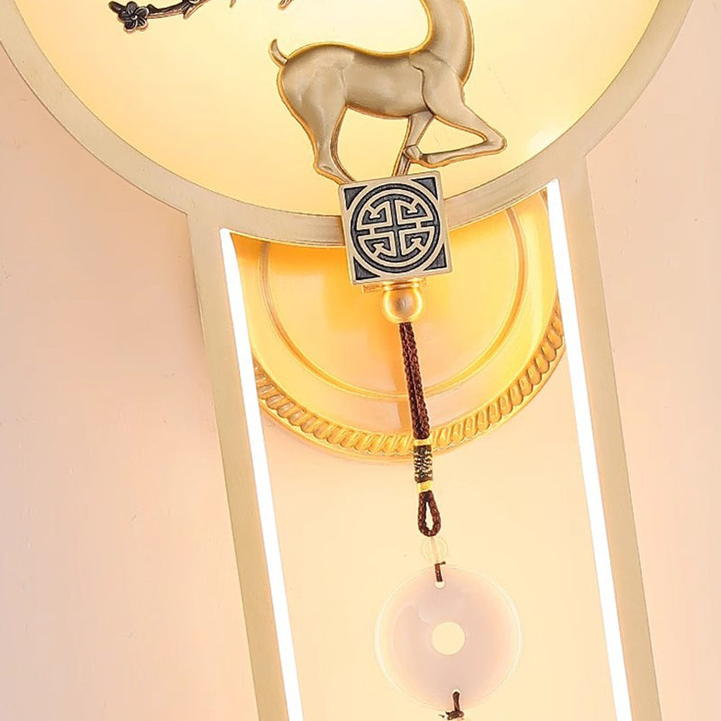 Chinese Round Deer Marble Copper LED Wall Sconce Lamp