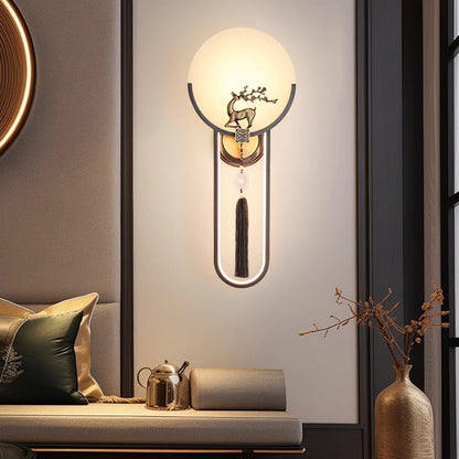 Chinese Round Deer Marble Copper LED Wall Sconce Lamp