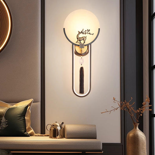Chinese Round Deer Marble Copper LED Wall Sconce Lamp