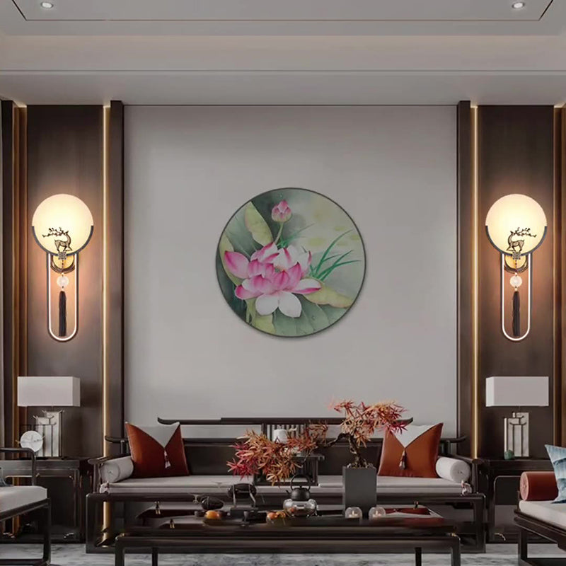 Chinese Round Deer Marble Copper LED Wall Sconce Lamp