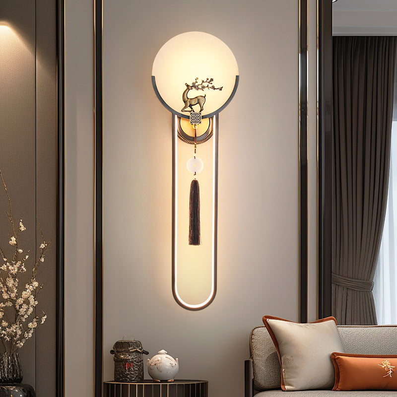 Chinese Round Deer Marble Copper LED Wall Sconce Lamp