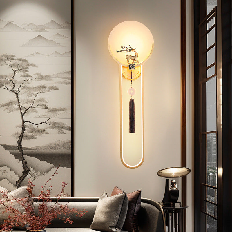 Chinese Round Deer Marble Copper LED Wall Sconce Lamp