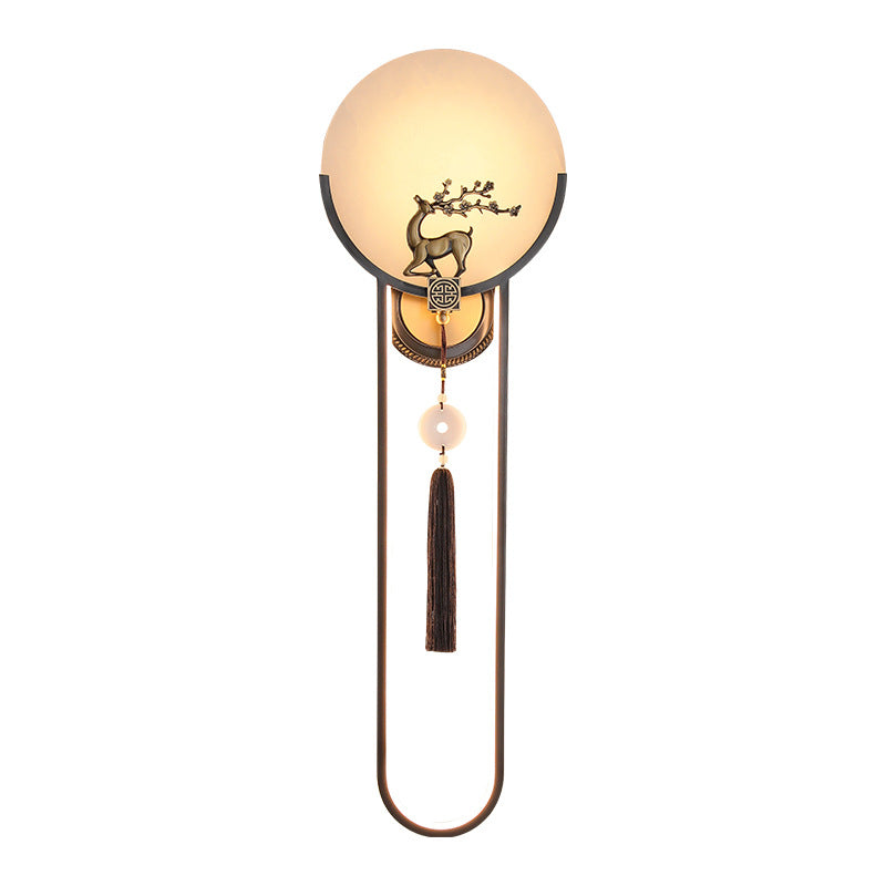 Chinese Round Deer Marble Copper LED Wall Sconce Lamp