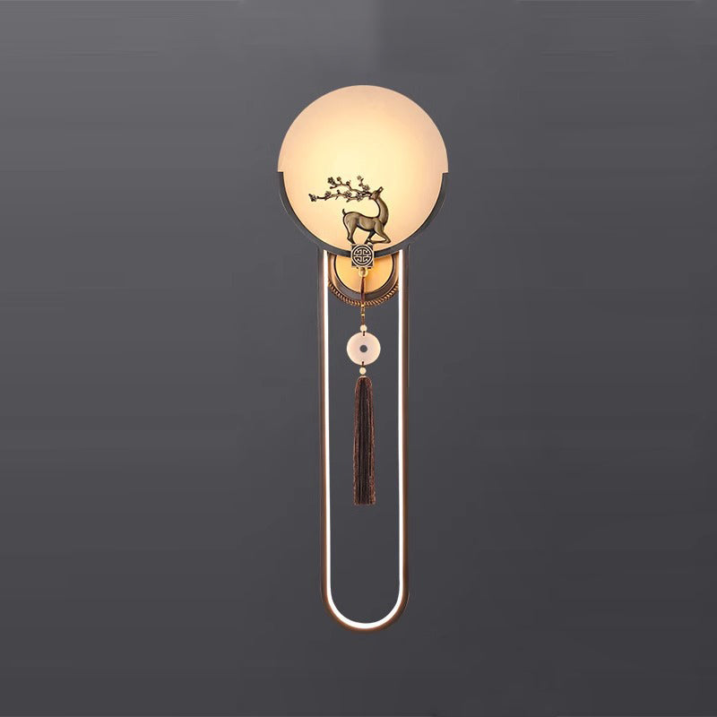 Chinese Round Deer Marble Copper LED Wall Sconce Lamp