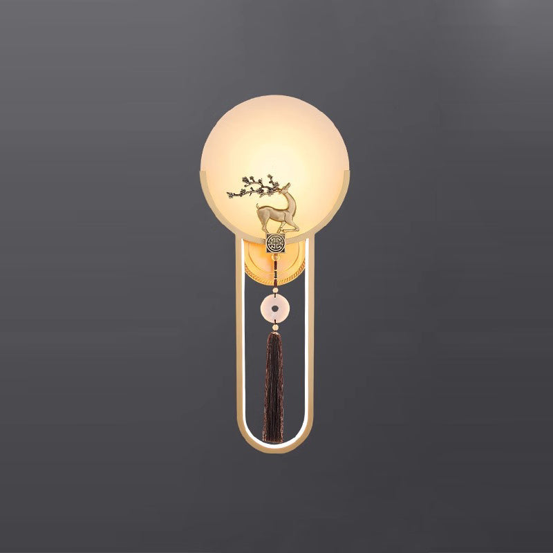 Chinese Round Deer Marble Copper LED Wall Sconce Lamp