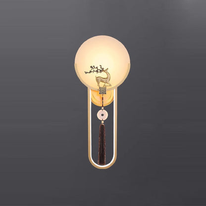 Chinese Round Deer Marble Copper LED Wall Sconce Lamp