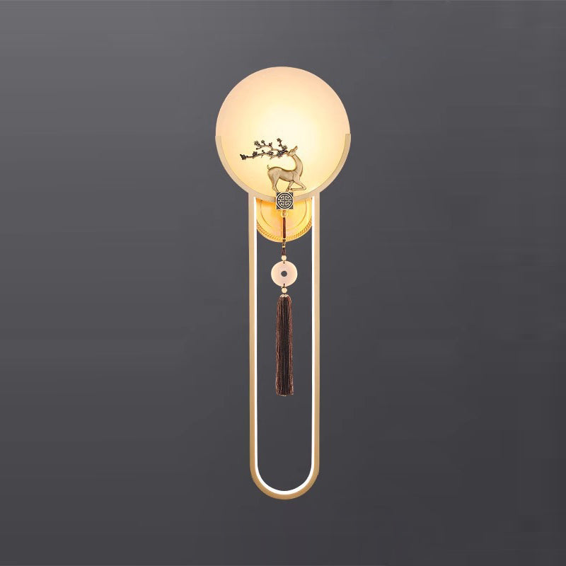 Chinese Round Deer Marble Copper LED Wall Sconce Lamp