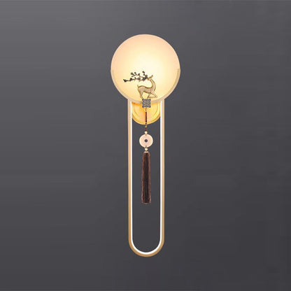 Chinese Round Deer Marble Copper LED Wall Sconce Lamp