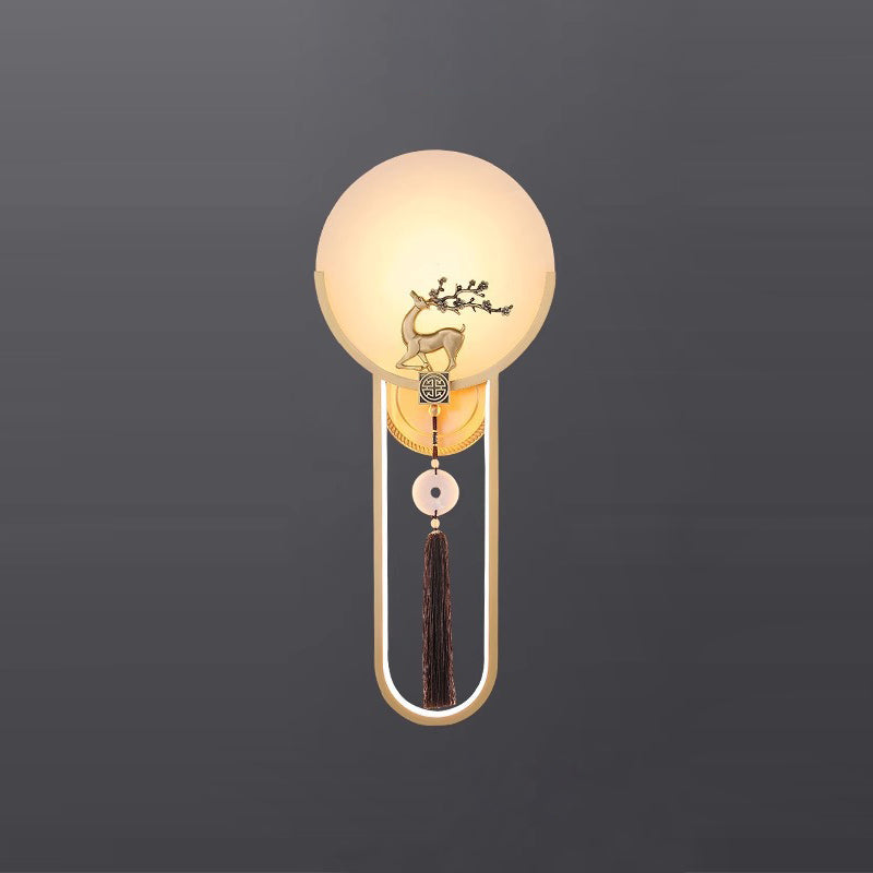 Chinese Round Deer Marble Copper LED Wall Sconce Lamp