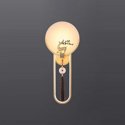 Chinese Round Deer Marble Copper LED Wall Sconce Lamp