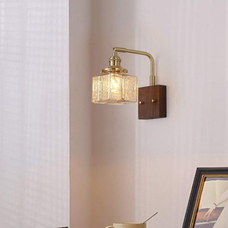 Blocks Solid Wood Copper Glass 1 - Light Wall Sconce Lamp