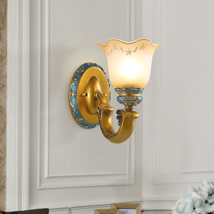 Morning Glory Iron Resin Glass 1/2 - Light Wall Sconce Lamp
